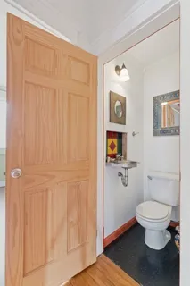 a bathroom with a toilet and a shower curtain