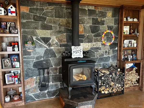 a living room with lots of books and a fireplace