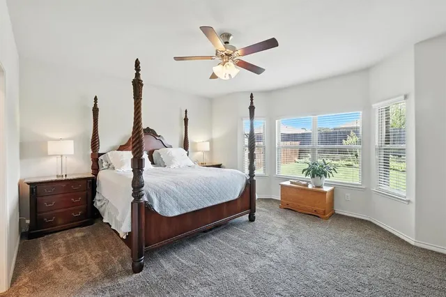 a bedroom with a bed window and a ceiling fan