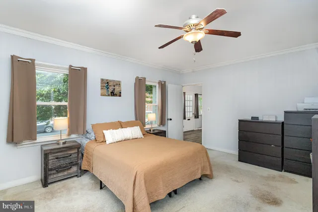 a bedroom with a bed window and a ceiling fan