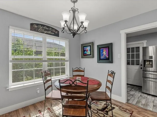a view of a dining room with furniture window and outside view