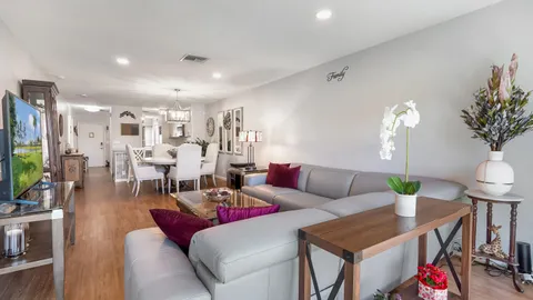 a living room with furniture a chandelier a rug and a potted plant