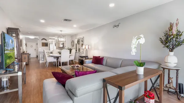 a living room with furniture a chandelier a rug and a potted plant