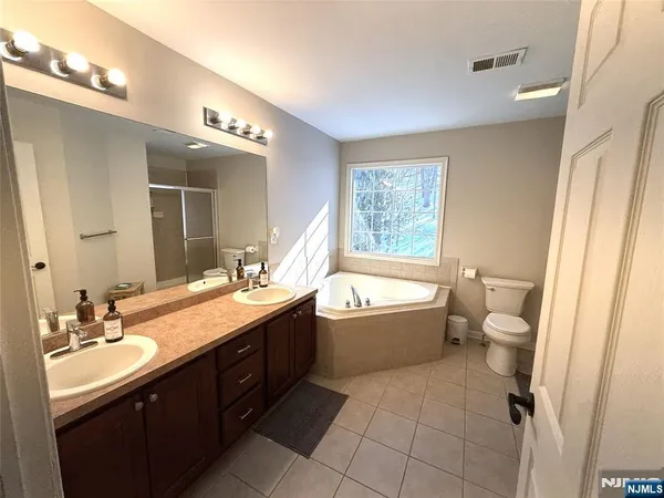 a bathroom with a granite countertop tub sink a toilet and a bathtub