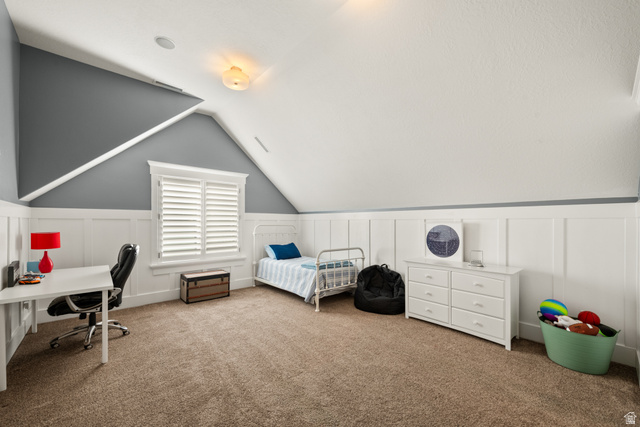 1205 North Elk Rdg Lane, Unit 202 Alpine, UT 84004 - Photo 61 of 88 Carpeted room featuring a window with white plantation shutters, board and batten wainscoting, and a sloped ceiling with recessed lighting