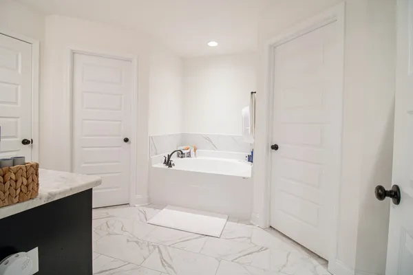 a bathroom with a bathtub and a sink