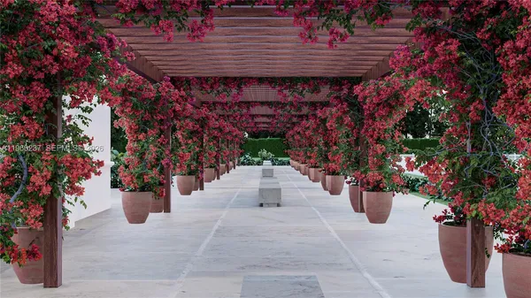 a view of a porch with potted plants