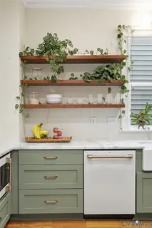 a living room with furniture a dining table and with potted plants