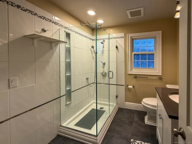 a bathroom with a shower and a toilet