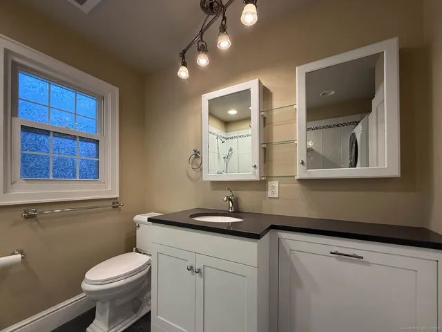 a bathroom with a toilet a sink and mirror