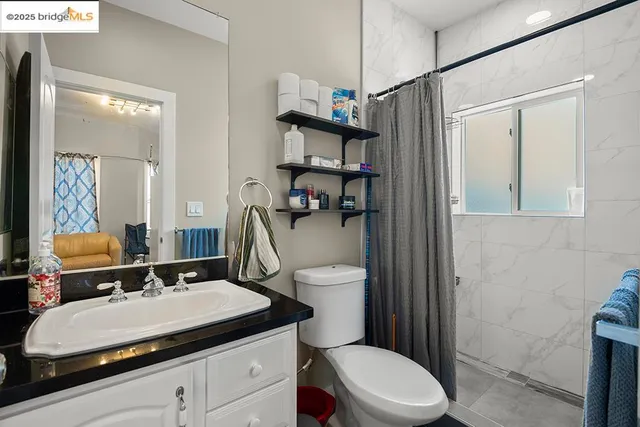 a bathroom with a sink toilet vanity and shower