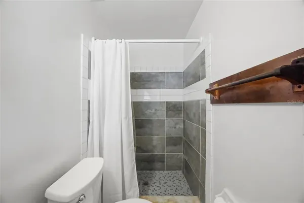 a bathroom with a shower and toilet