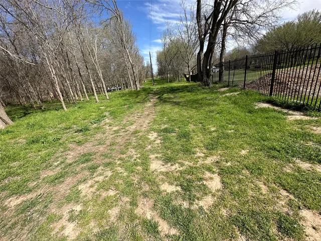 a view of a backyard with large trees