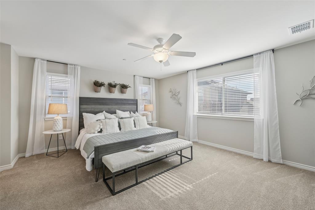 4430 Prairie Crossing Prosper, TX 75078 - Photo 15 of 15 Bedroom featuring light-colored carpeting, multiple windows with blinds, and a ceiling fan