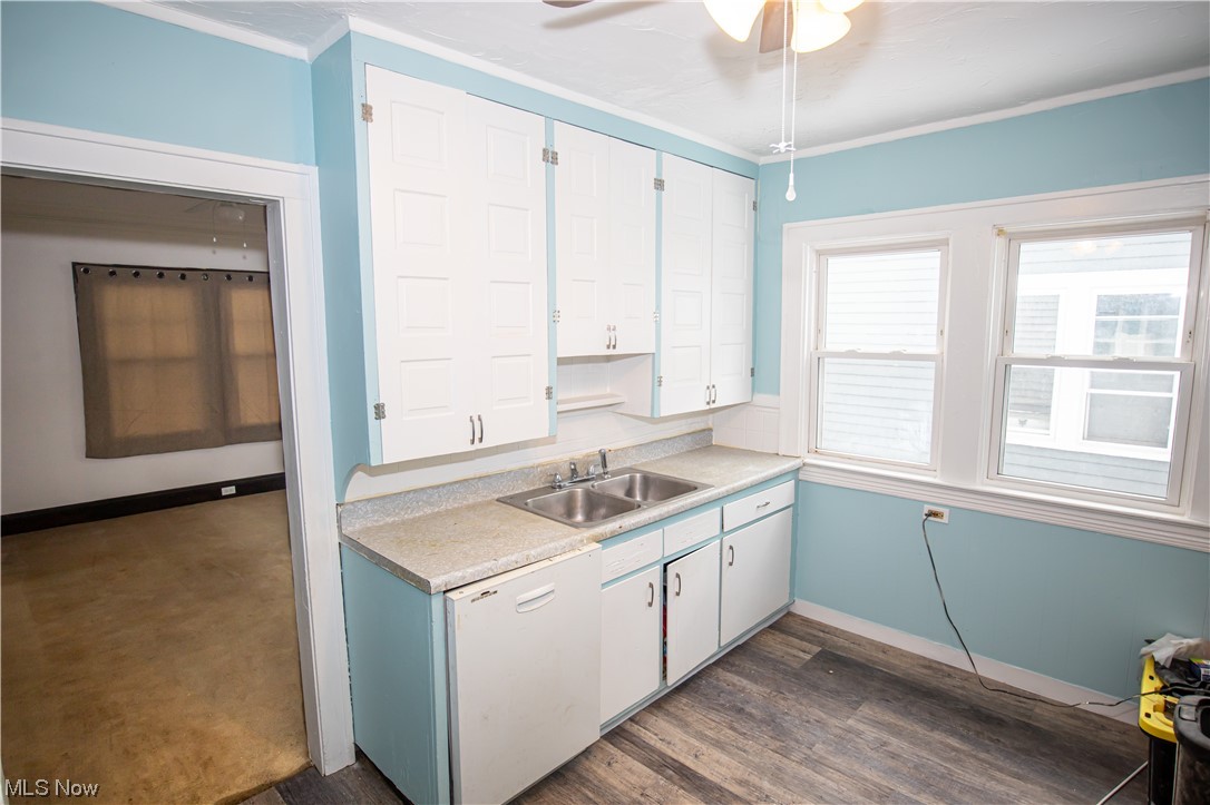 16315 Nela View Road Cleveland, OH 44112 - Photo 8 of 24 Kitchen featuring dishwasher, ceiling fan, ornamental molding, sink, and dark carpet