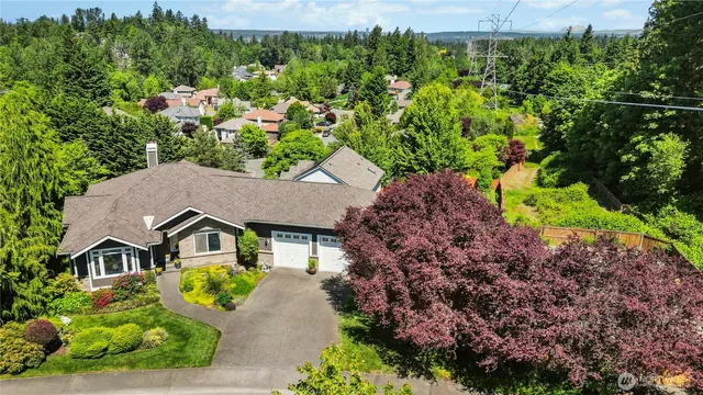 a aerial view of a house with a yard and potted plants