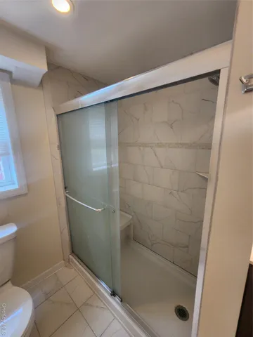 a bathroom with a shower and a toilet