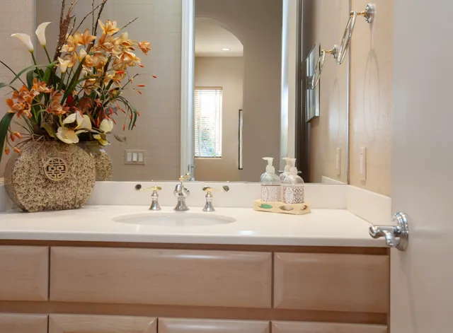 a bathroom with a sink and a mirror