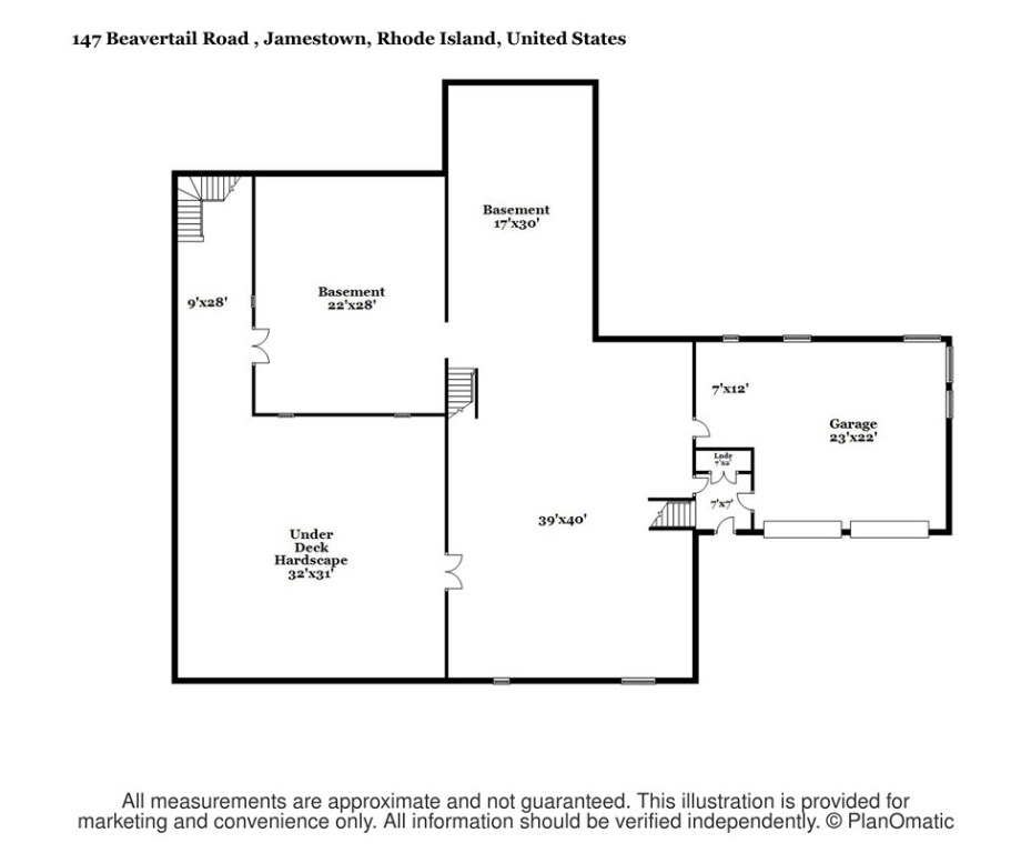 147 Beavertail Road Jamestown, RI 02835 - Photo 46 of 46 Unfinished basement has two walkout doors to side yard, under deck hardscape with outdoor shower. Lots of potential with this space. Water views from basement.