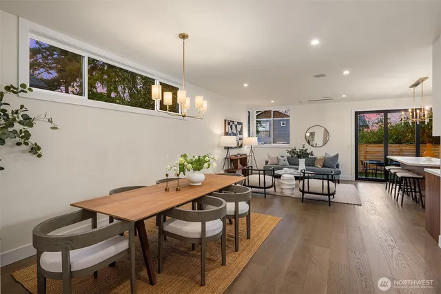 a view of a dining room with furniture window and wooden floor