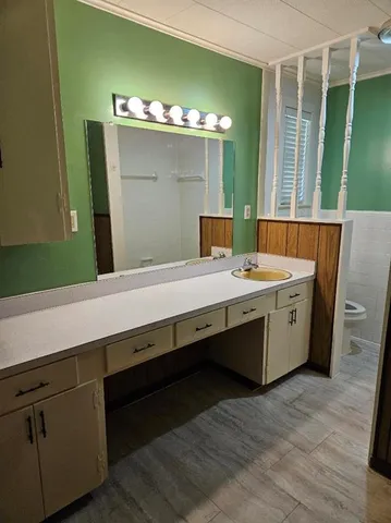 a bathroom with a sink and mirror