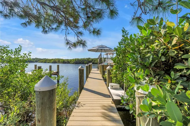 a view of a patio with a table chairs and wooden floor