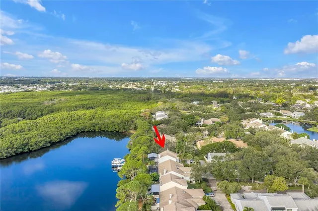 a view of lake with green space