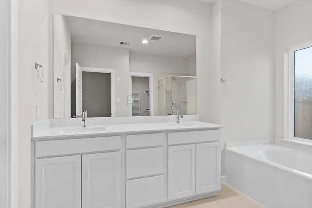 a bathroom with a double vanity sink mirror double and bathtub