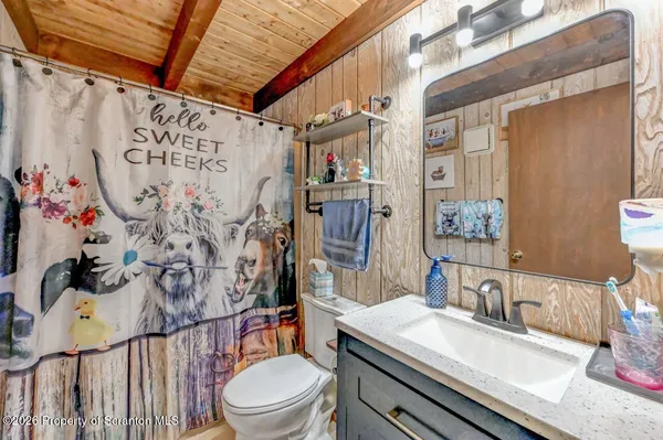 a bathroom with a sink a toilet and a shower curtain