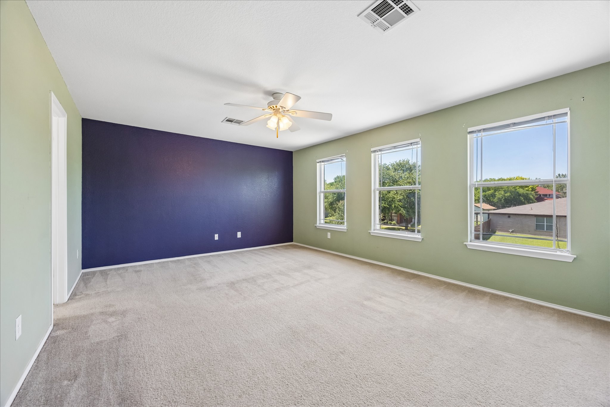 338 Spring Branch Loop Kyle, TX 78640 - Photo 17 of 36 An airy bedroom with verdant walls and a deep indigo accent wall.