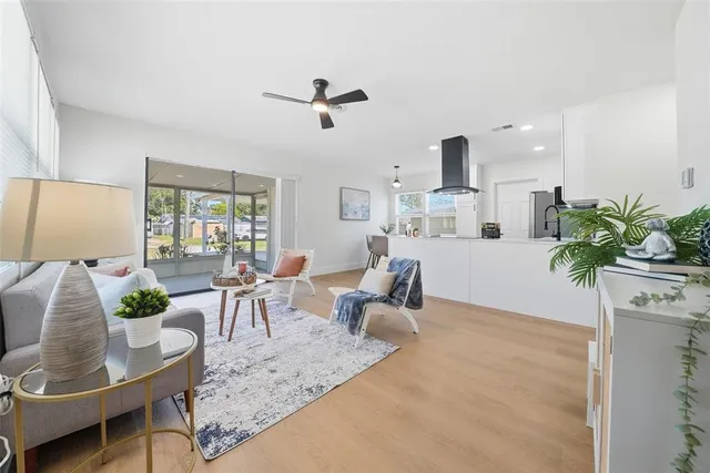a living room with furniture and a potted plant