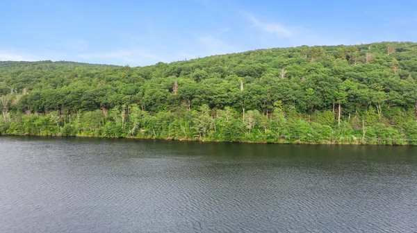 a view of a green field with a lake in the background