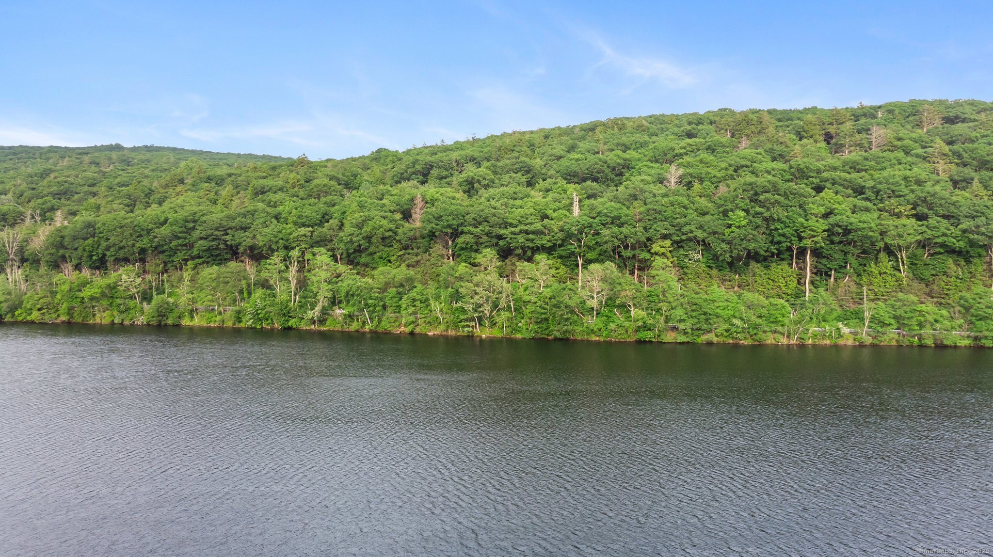 a view of a green field with a lake in the background