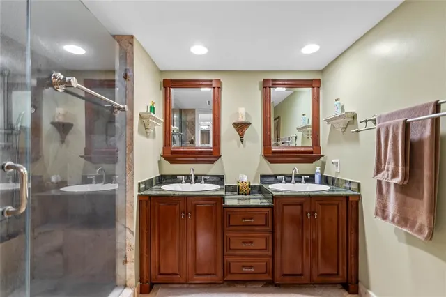 a bathroom with a sink a mirror and a shower