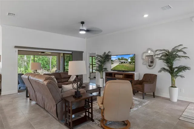 a living room with furniture and a floor to ceiling window