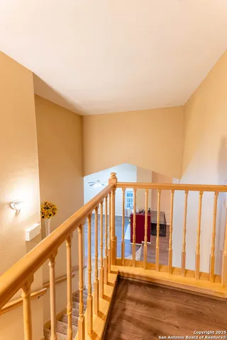 a view of staircase with large window