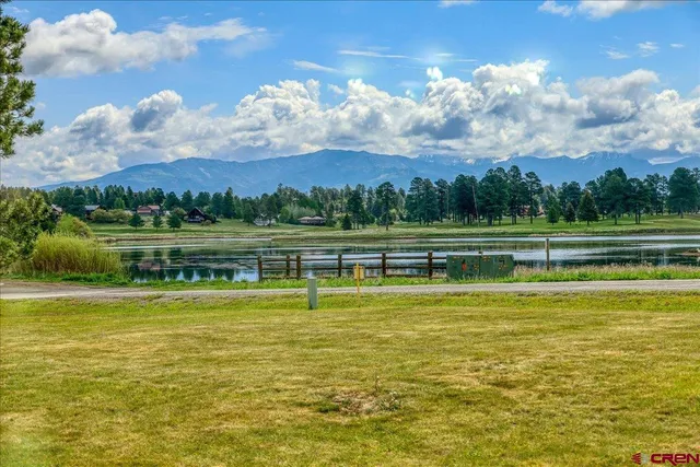 a view of a lake with houses in the background