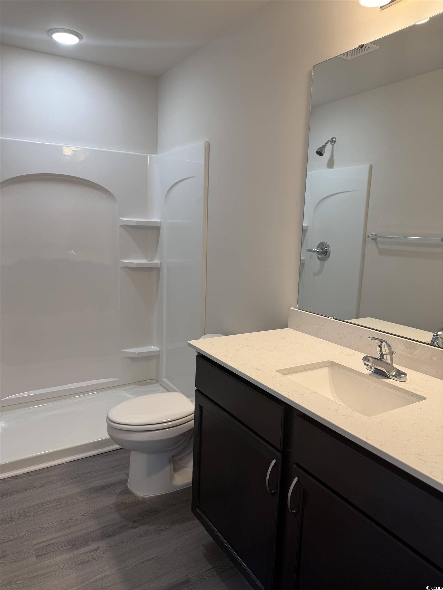 889 Busy Corner Road Conway, SC 29527 - Photo 3 of 25 Bathroom with a shower, toilet, vanity, and wood f
