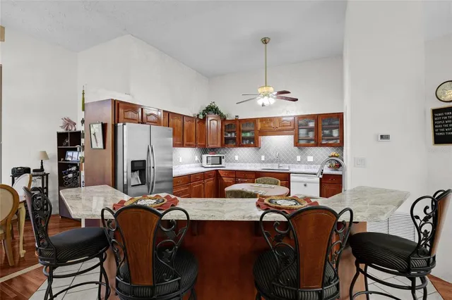 a view of a dining room with furniture