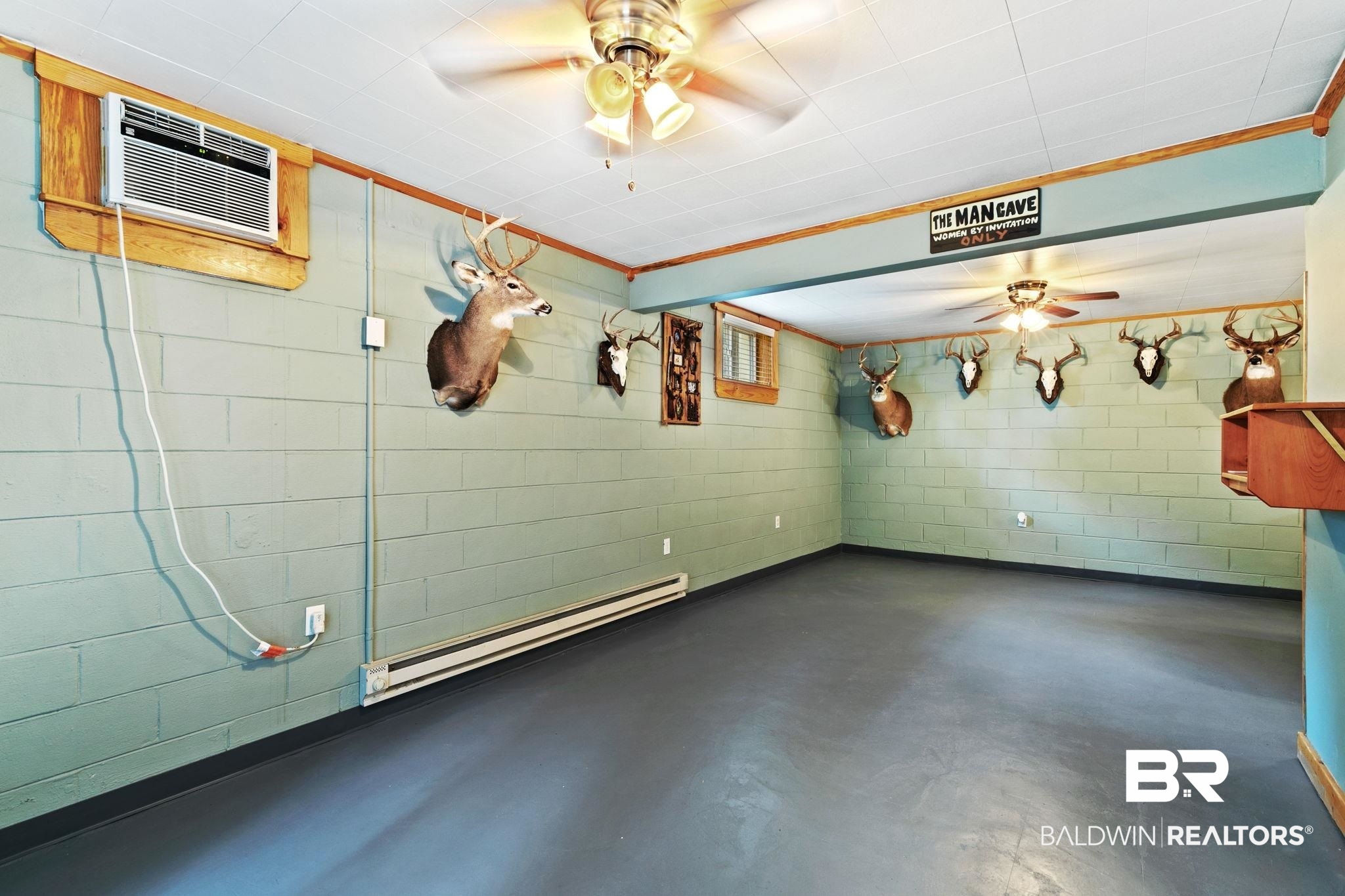 14 Lee Circle Daphne, AL 36527 - Photo 54 of 83 Basement featuring a wall unit AC, a baseboard radiator, and ceiling fan