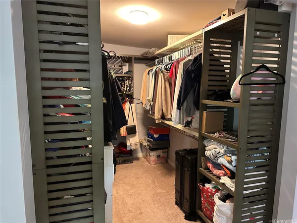 a view of walk in closet with clothes and shoes