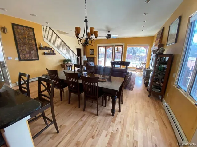 a dining room with furniture window and wooden floor