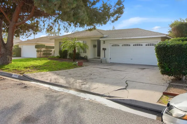 a view of a house with a yard and large tree