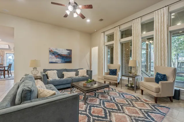 a view of a dining room with furniture