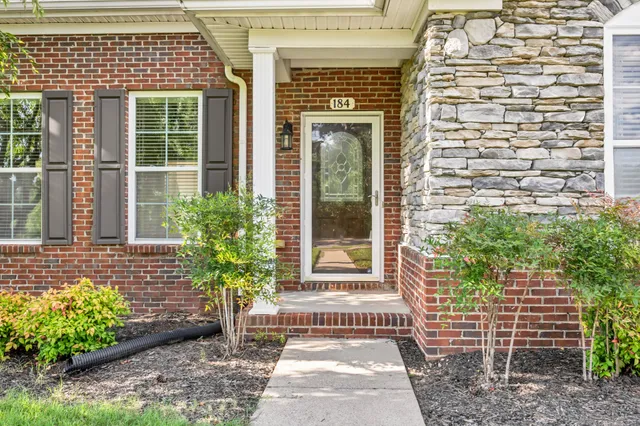 a couple of potted plants in front of door