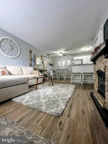 a living room with furniture and a fireplace
