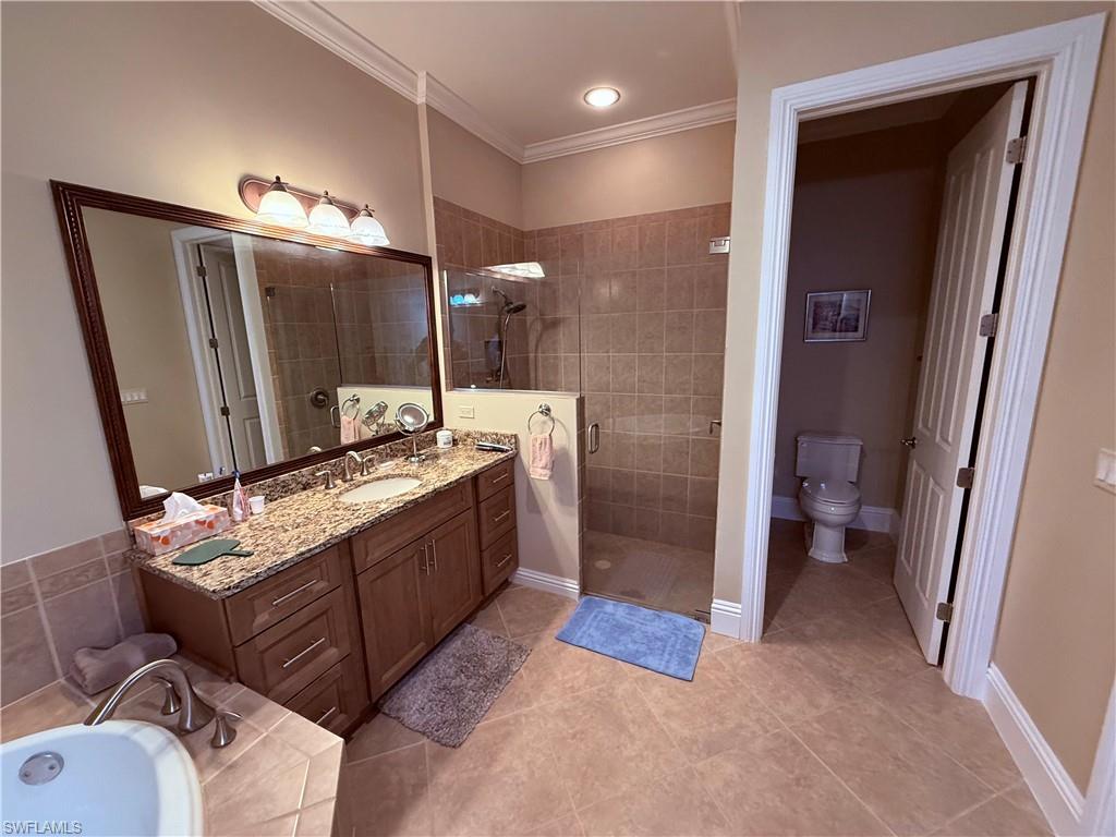 7543 Moorgate Point Way Naples, FL 34113 - Photo 24 of 31 a spacious bathroom with a granite countertop sink a mirror and a shower