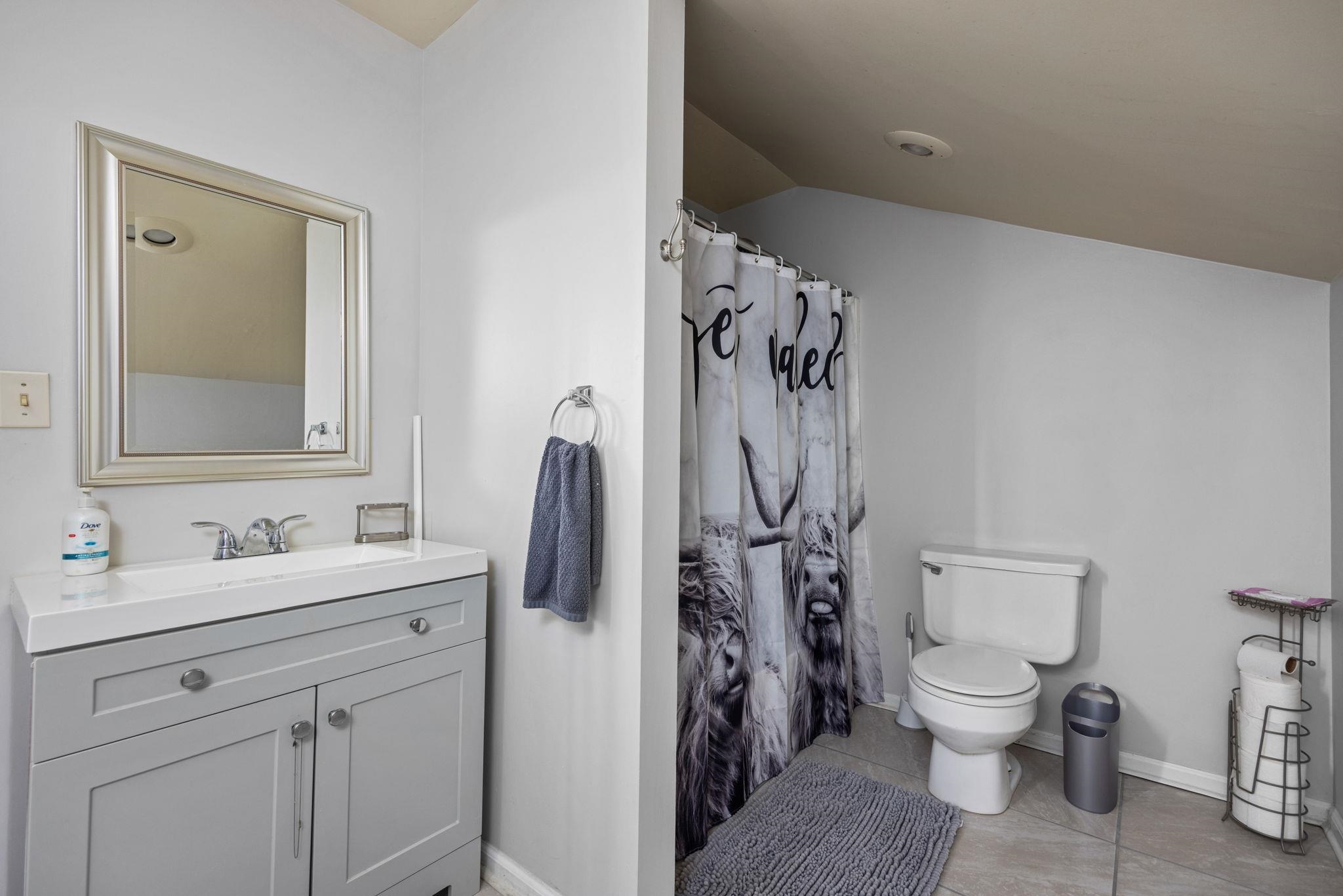 113 Horseshoe Lake Road Saltillo, MS 38866 - Photo 22 of 39 Bathroom with walk in shower, vanity, vaulted ceiling, tile patterned flooring, and toilet