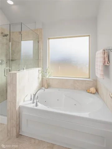 a bathroom with a bathtub and a shower