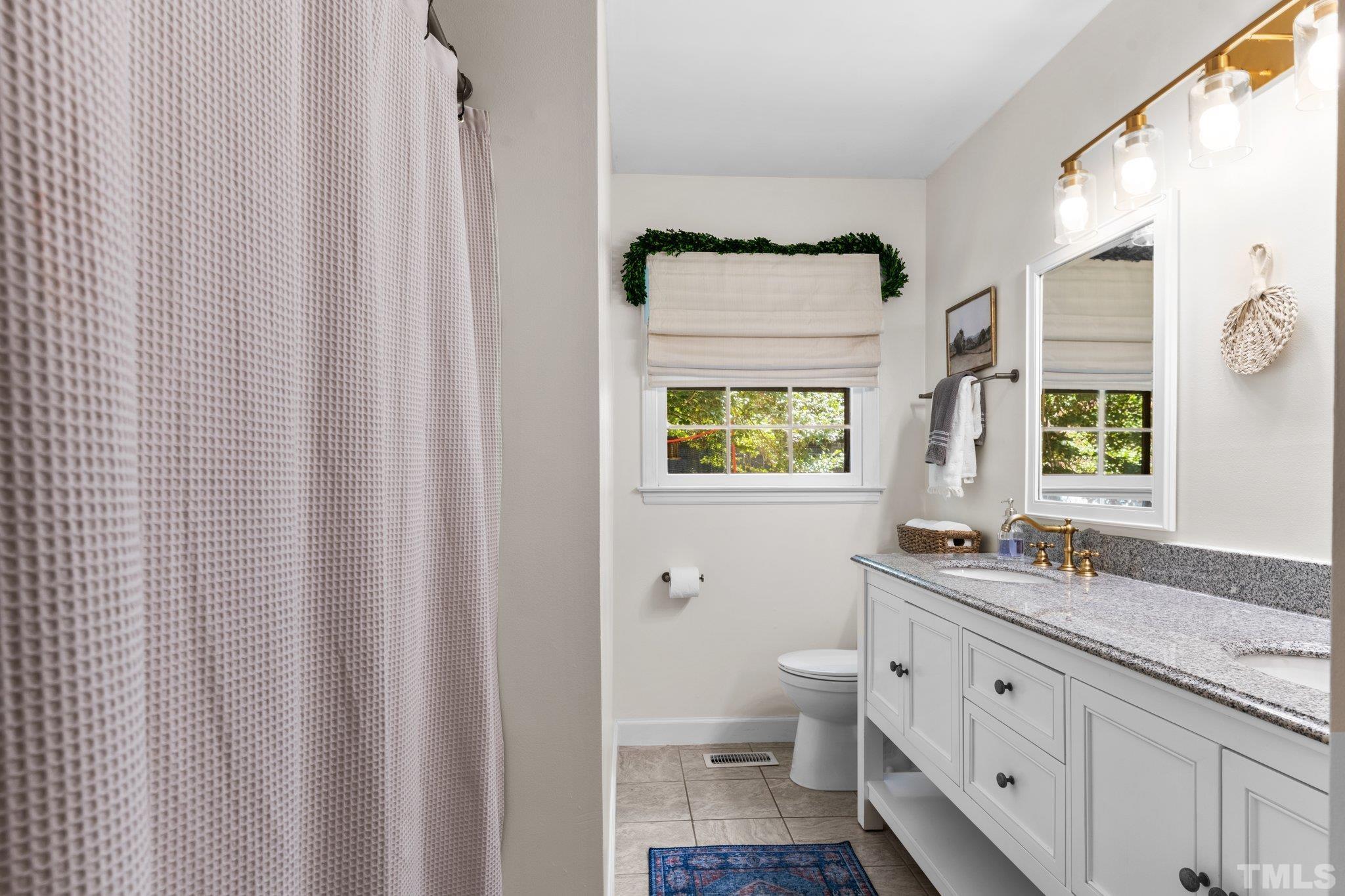 6704 Valley Drive Raleigh, NC 27612 - Photo 27 of 39 a bathroom with a granite countertop sink toilet and mirror